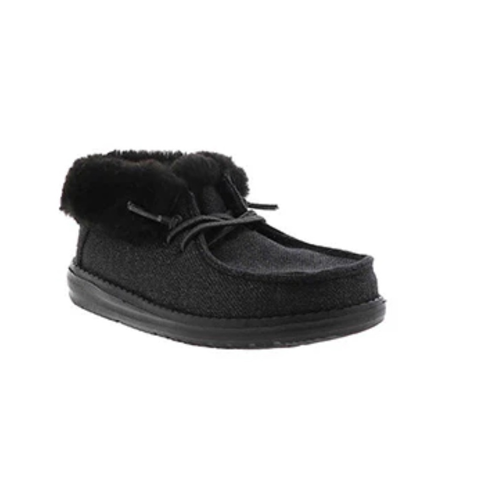 Hey Dude Britt Faux Fur Trim Slip On Booties Total Black Unisex Youth Size 34